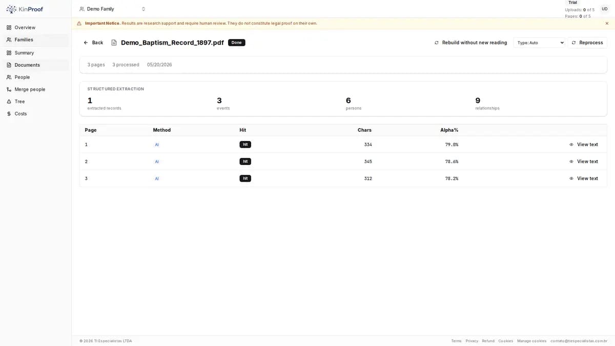 Page processing screen in KinProof.