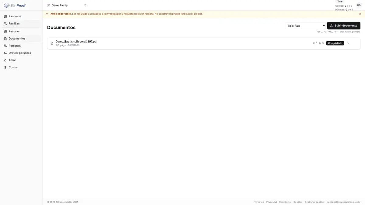 Pantalla de documentos enviados en KinProof.