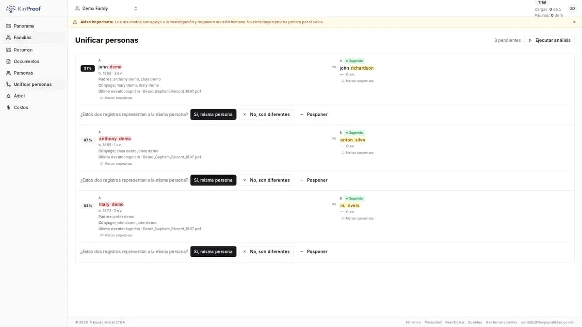 Pantalla de revisión y deduplicación de personas en KinProof.