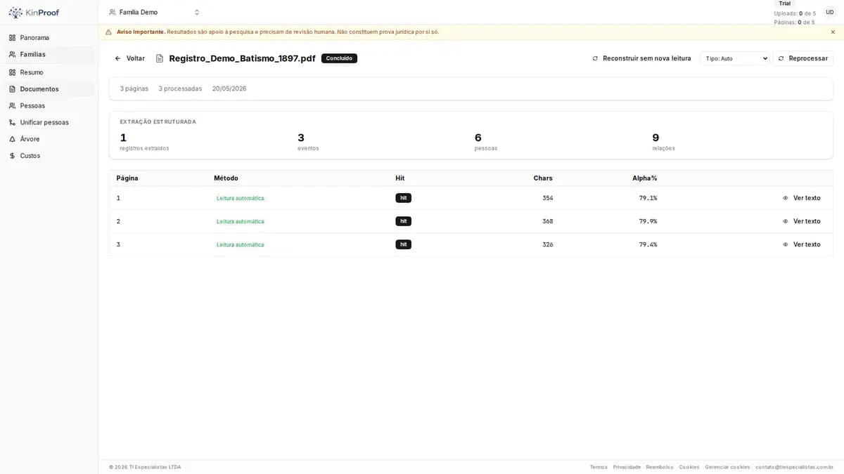 Tela de processamento por página no KinProof.