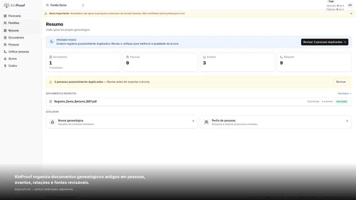 Tela de resultado final com resumo genealógico no KinProof.